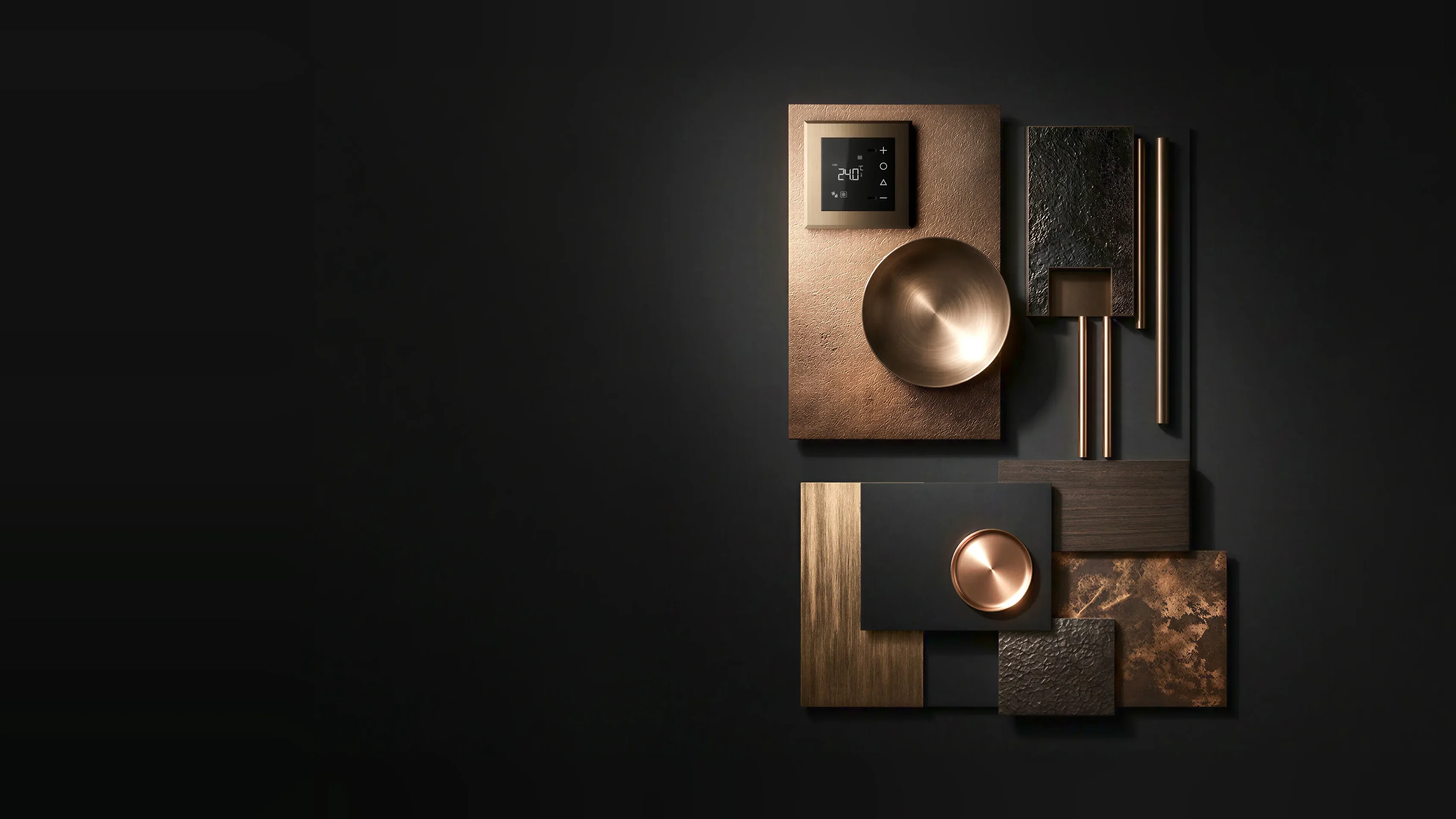 Moodboard con bronzo, rame e pietra scura e termostato CLIMA serie ERA